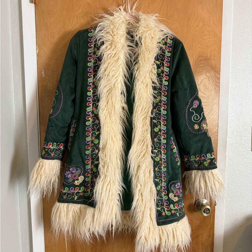 Green Floral Embroidered Penny lane afghan coat with Faux Fur Trim